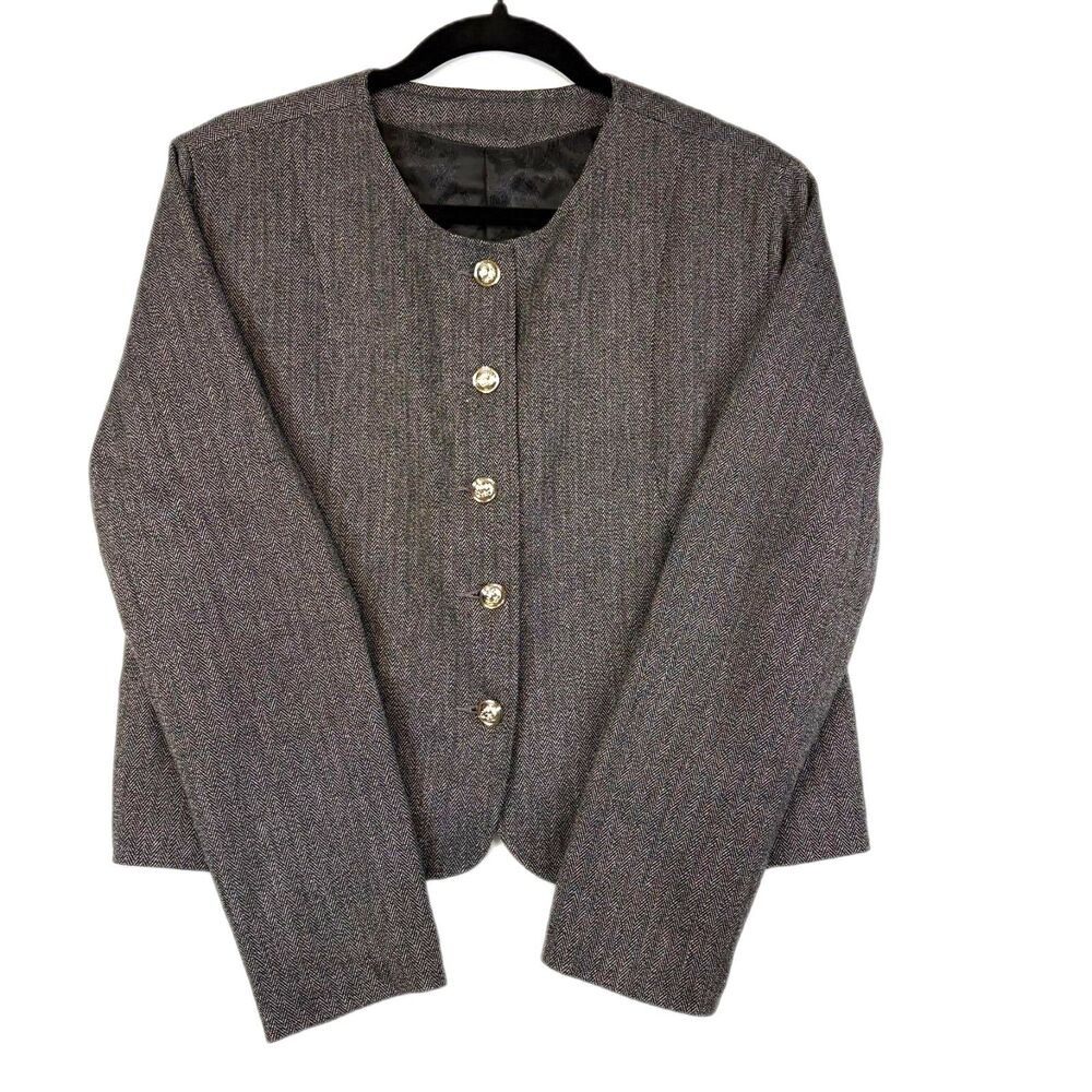 Herringbone Tweed Lady Jacket Blazer Silver Button Cropped Brown Grey Sz Medium